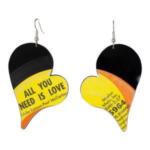 Upcycled Vinyl Record Earrings The Beatles Medium Heart Dangle 1
