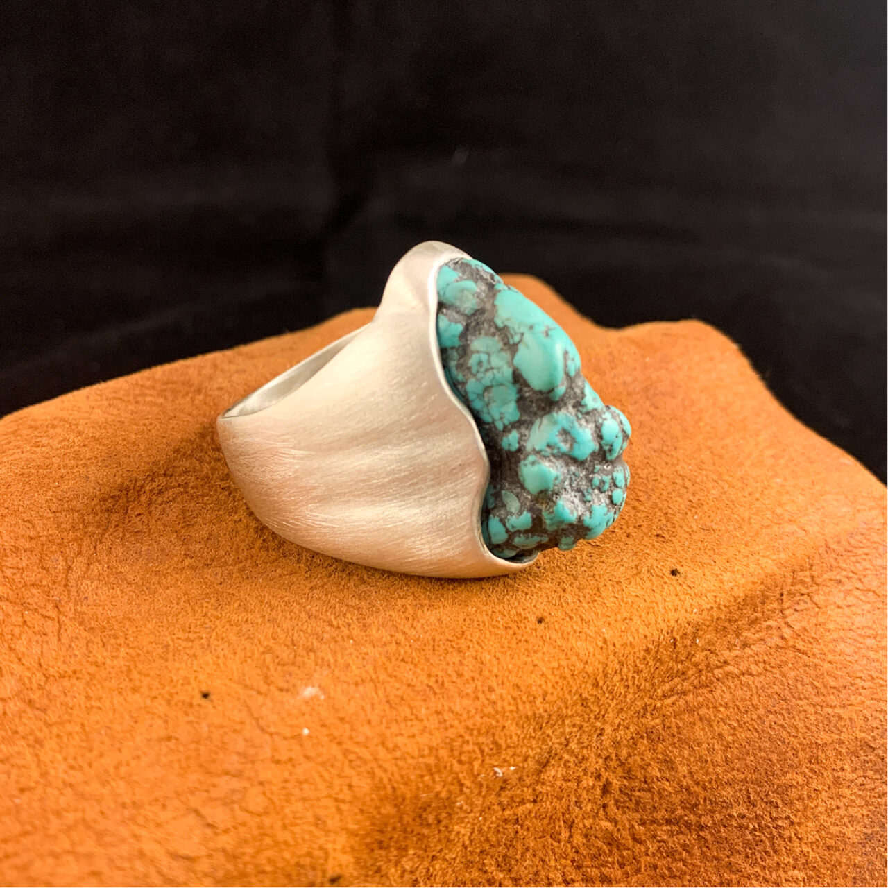 Fine Jewelry Hand Carved Silver Platinum and Turquoise Mens Ring