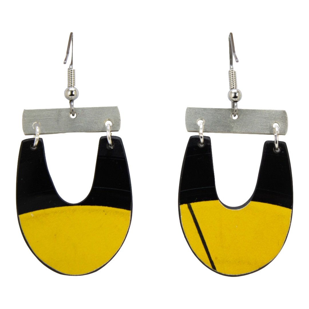 Upcycled Vinyl Record Earrings Agrueso and his Orchestra Small Long U with Nickle Bar Dangle back Upcycled Vinyl Record Earrings — Argueso and his Orchastra Small Beat Drop | Needle Drop Collection | Nickel Bar Accent | reVinyled - Image 2