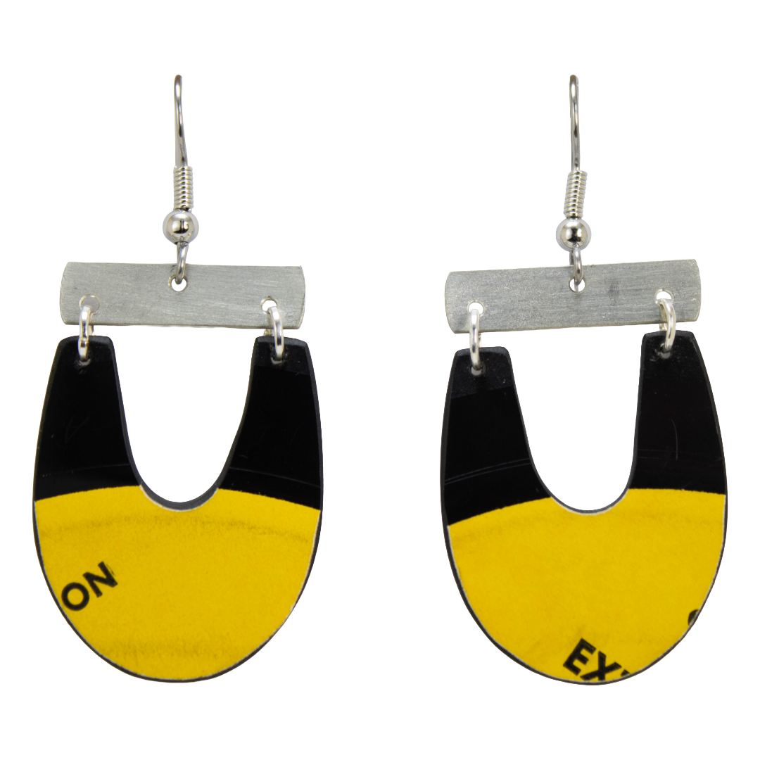 Upcycled Vinyl Record Earrings Agrueso and his Orchestra Small Long U with Nickle Bar Dangle Upcycled Vinyl Record Earrings — Argueso and his Orchastra Small Beat Drop | Needle Drop Collection | Nickel Bar Accent | reVinyled