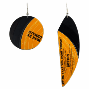 Upcycled Vinyl Record Earrings Boston Extra Large Asymetric Dangle 1