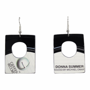 Upcycled Vinyl Record Earrings Donna Summer Medium Rectangle with hole Dangle