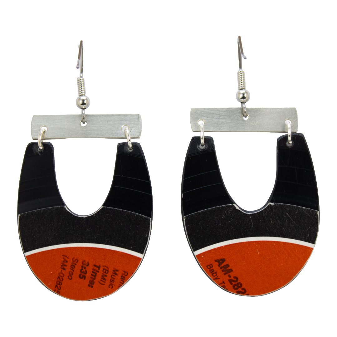 Upcycled Vinyl Record Earrings E.G. Daly Medium Long U with Nickel Bar Dangle back Upcycled Vinyl Record Earrings — E.G. Daily “Don’t Let Them Take the Child Away / Say It, Say It” Medium Beat Drop | Needle Drop Collection | Nickel Bar Accent | reVinyled