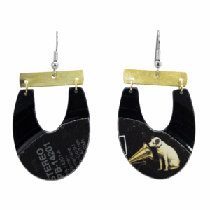 Upcycled Vinyl Record Earrings Evelyn Chapagne King Medium Long U with Brass Bar Dangle