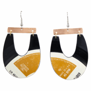 Upcycled Vinyl Record Earrings The Brotherhood of Man Large Long U with Copper Bar Dangle