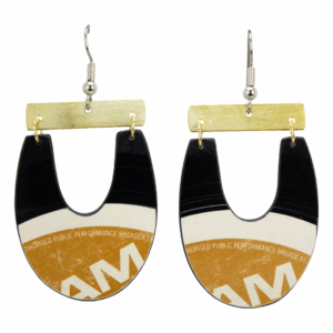 Upcycled Vinyl Record Earrings The Brotherhood of Man Medium Long U with Brass Bar Dangle