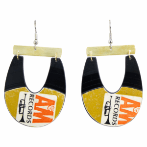 Upcycled Vinyl Record Earrings The Parade Large Long U with Brassl Bar Dangle
