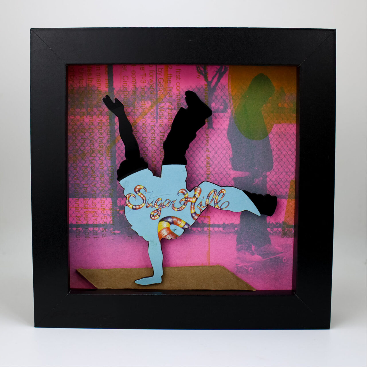 Vinyl Record Art Sugarhill Breakdance.Pink with Skateboarder 5x5 Black Shadowbox