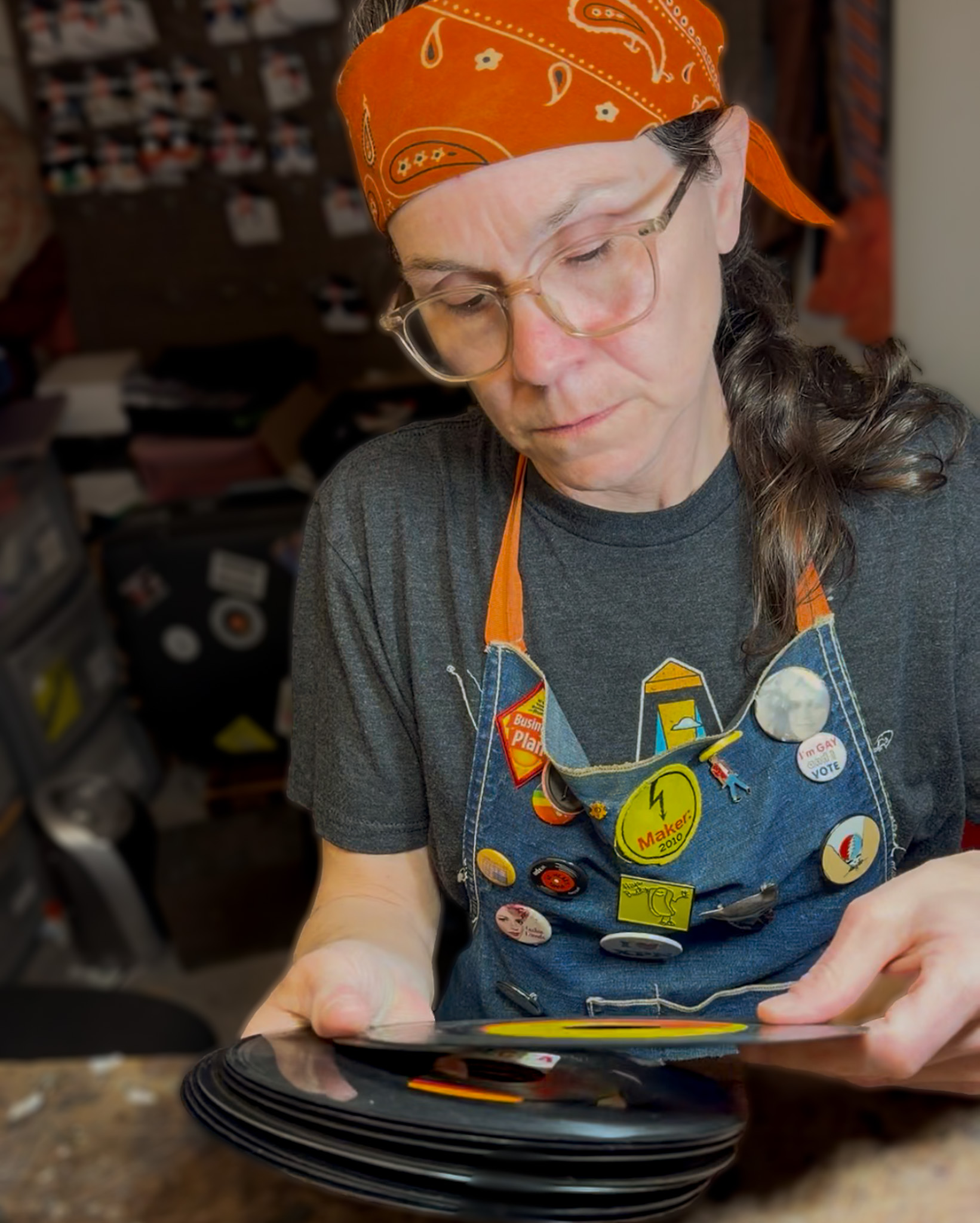 Choosing records to work with at the reVinyled bench