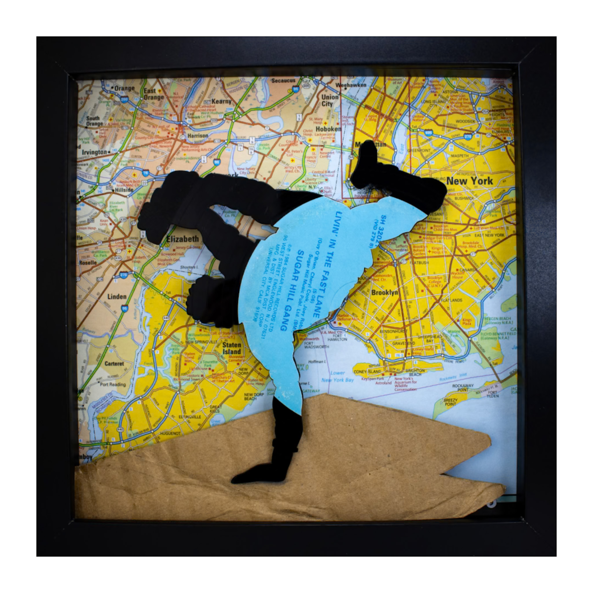 Breakdancer artwork created from rescued vinyl