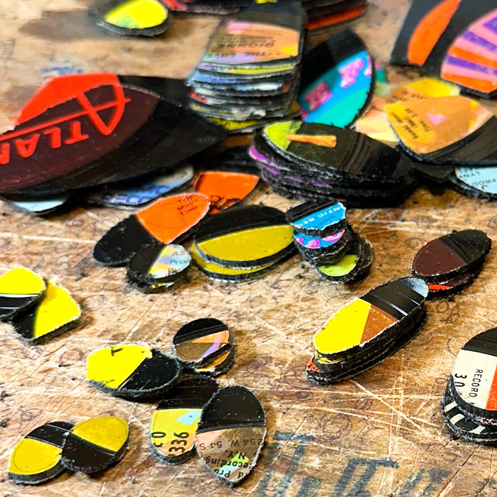 Different sizes of reVinyled pieces cut from rescued records