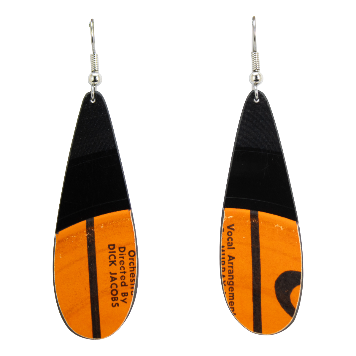 reVinyled earrings made from the orange record