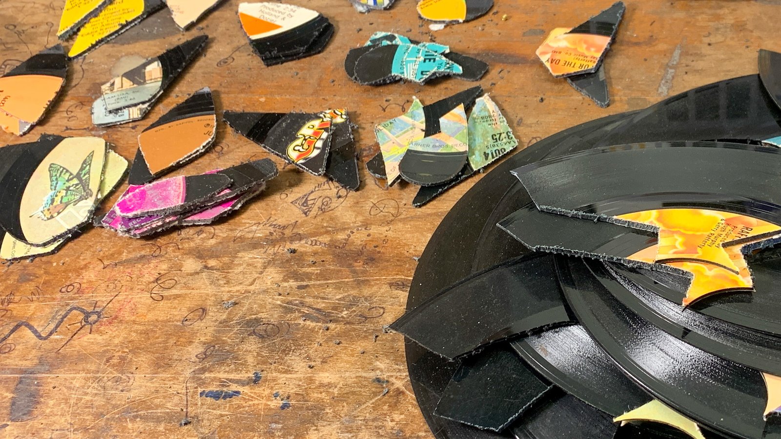 reVinyled vinyl pieces on the workbench