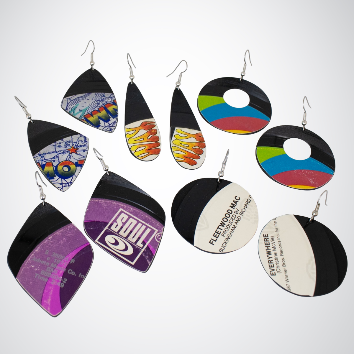 Colorful handcrafted reVinyled dangle earrings